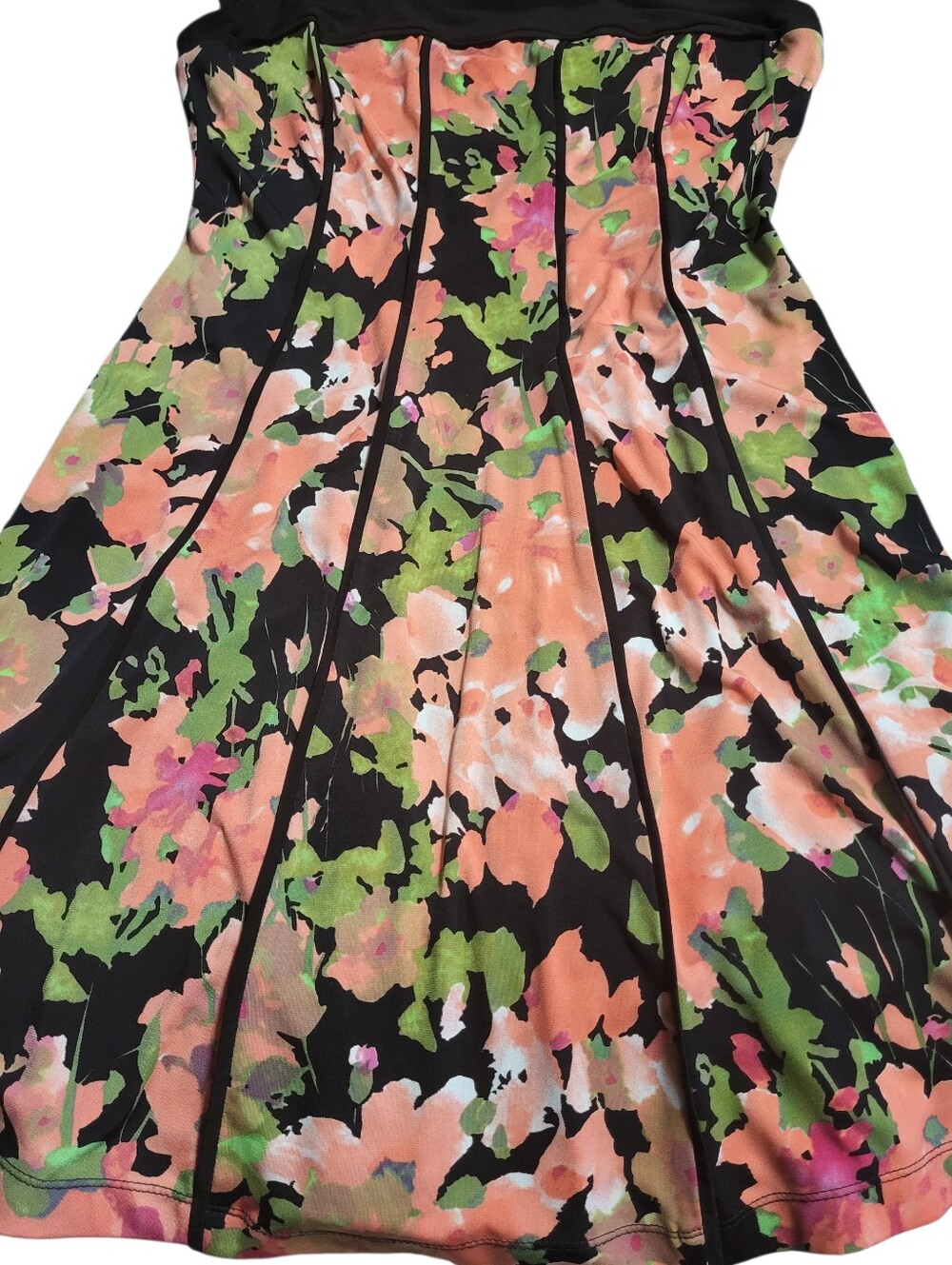 Floral Fit-and-Flare Skirted Dress - Black with Peach & Green Floral - Picture 3 of 5